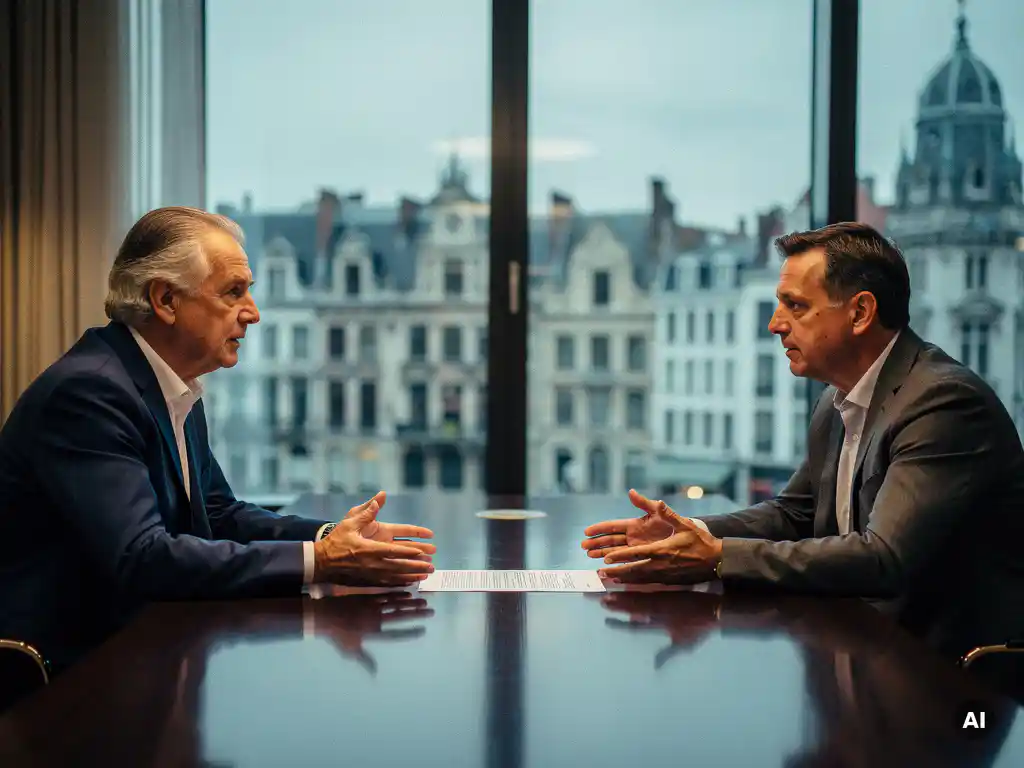 Topmanager en vakbondsvertegenwoordiger aan vergadertafel in Brussel met gedeeld document tijdens cao-onderhandelingen.
