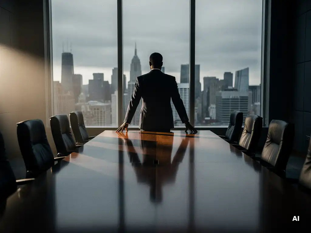 CEO staat aan hoofd van vergadertafel in lege boardroom met uitzicht op bewolkte stadssilhouet.