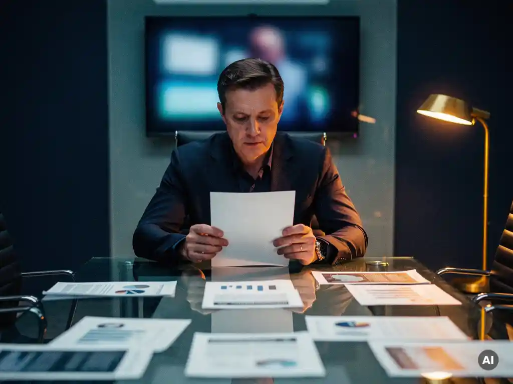 Communicatiedirecteur aan glazen vergadertafel, gespannen een vel papier vasthoudend tussen verspreide briefingdocumenten, belicht door amberkleurige bureaulamp.