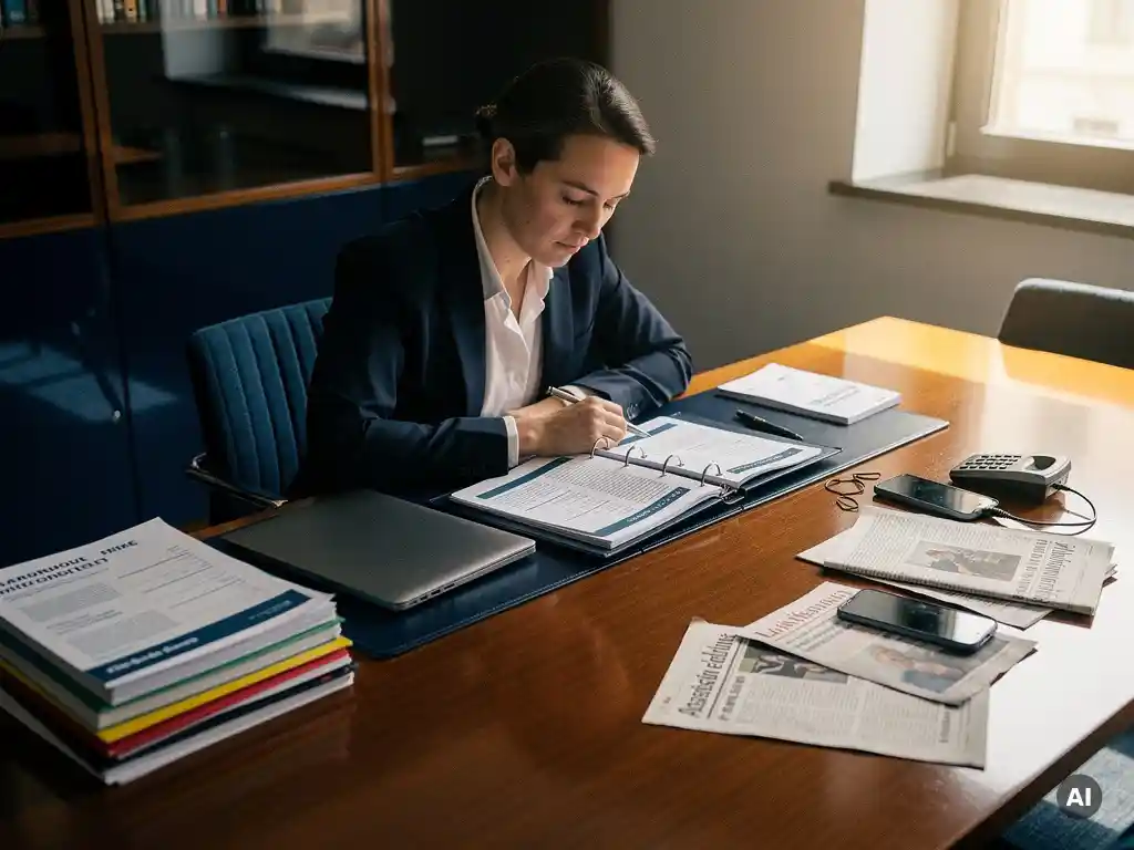Communicatiestrateg bestudeert crisisresponsmap aan conferentietafel met geordende documenten en verspreide persknipsels in Brusselse kantooromgeving.