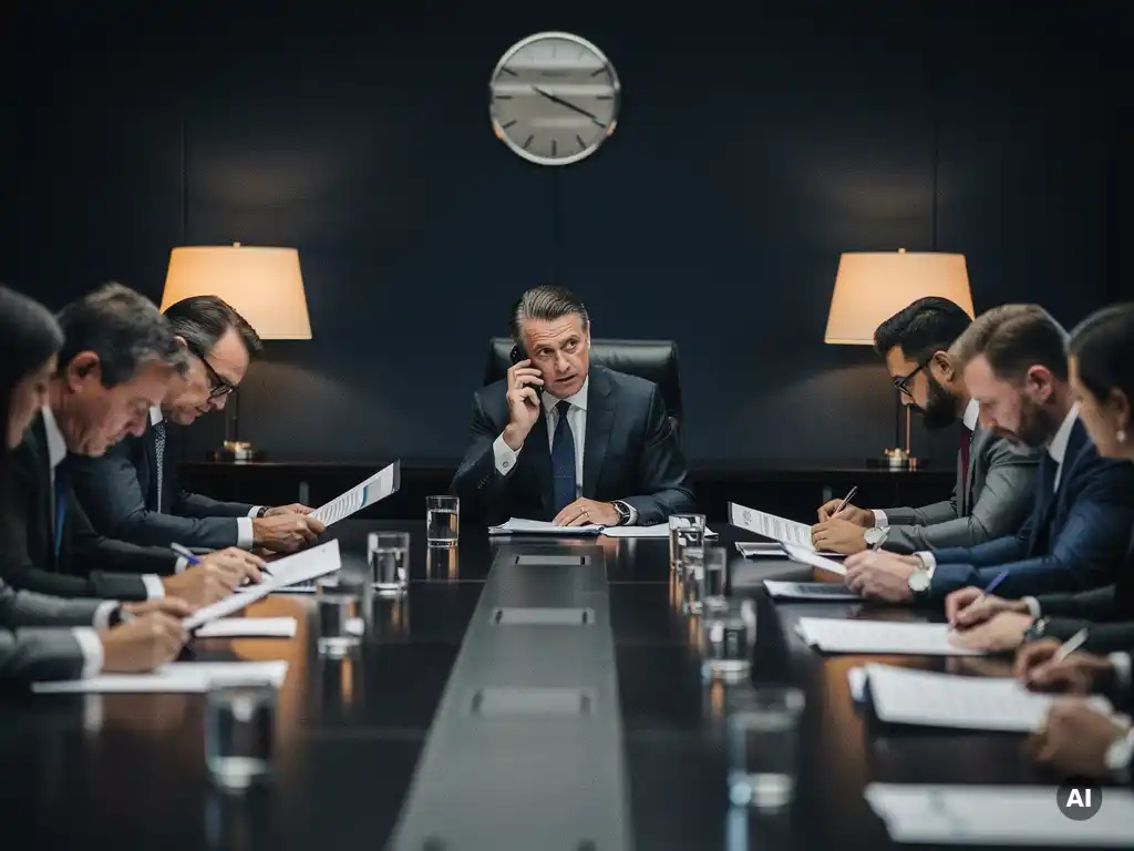 Senior executive belt urgent telefoongesprek tijdens crisisoefening, collega's bestuderen briefingdocumenten aan donkere vergadertafel.
