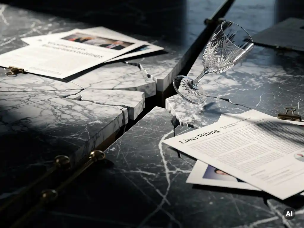 Gebarsten marmeren tafelblad met kanteld kristallen glas, persknipsels en documenten glijdend naar de rand, dramatisch zijlicht.