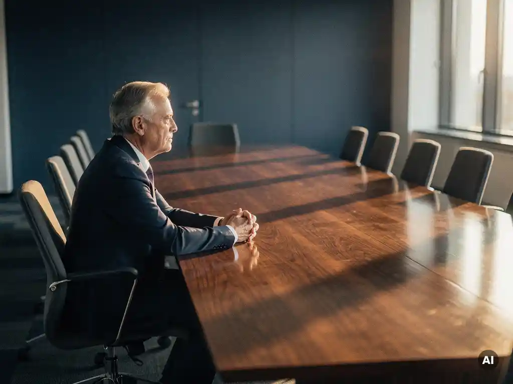 Ervaren HR-manager alleen aan lange vergadertafel tegenover lege stoelen, middaglicht werpt schaduwen in stille, gespannen sfeer.