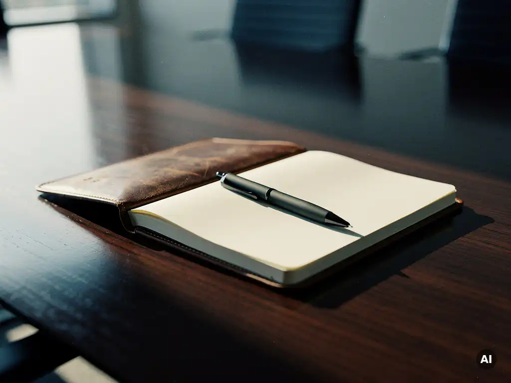 Opengeslagen versleten leren notitieboek met losse pen op gepolijste vergadertafel, zacht natuurlijk licht met lange schaduwen.