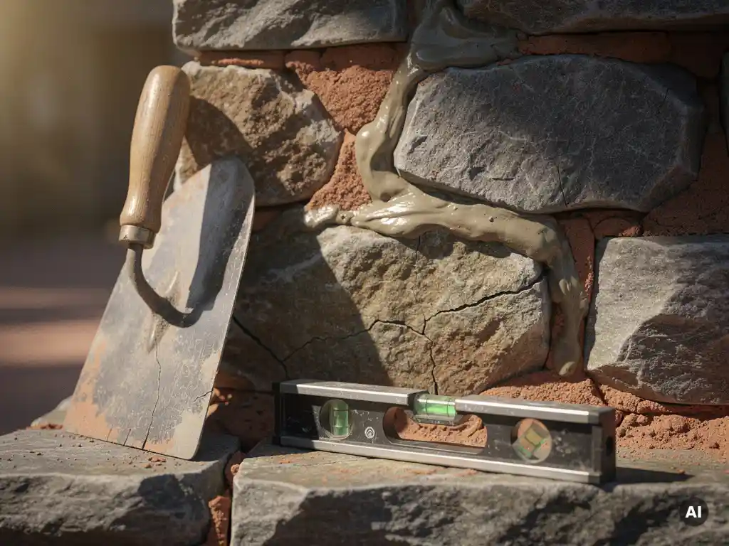 Gebarsten stenen muur in herstel met verse mortel, metselaarstroffel en waterpas op het oppervlak, warme terracotta en grijze tinten.