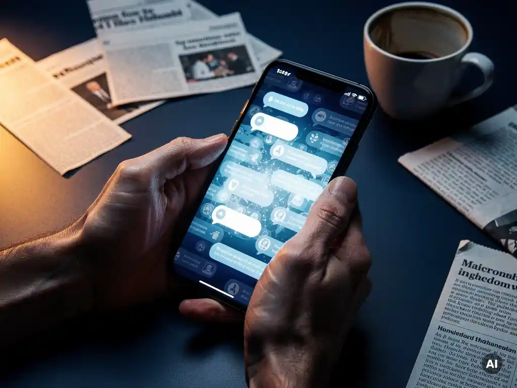 Communicatieprofessional houdt smartphone vast met stroom notificaties, omringd door persknipsels en koffie op modern bureau.