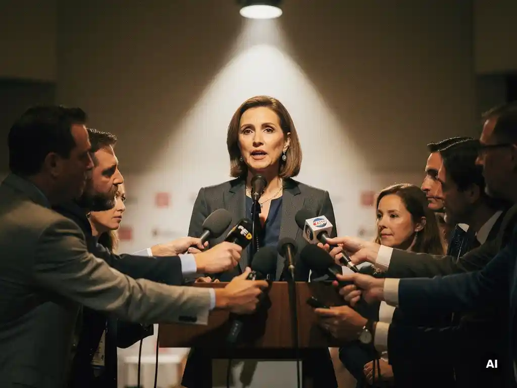 Communicatiedirecteur bevroren mid-zin achter podium, omringd door journalisten tijdens persconferentie, scherpe schaduwen onder wit spotlicht.