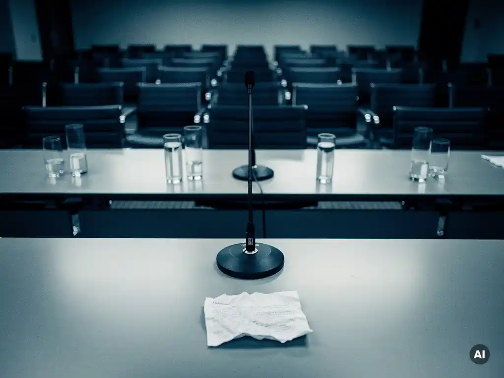 Verlaten persconferentiezaal met microfoonstandaard, lege stoelen, onaangeroerde waterglazen en verfrommeld statement op tafel.