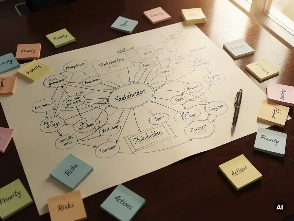 Handgetekende stakeholdermap op crèmepapier met gekleurde sticky notes en pen op vergadertafel, warm kantoorlicht Brussel.