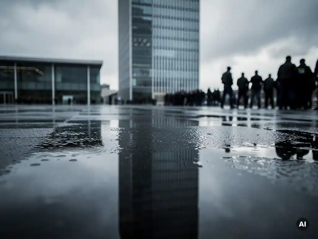 Regennat plein voor kantoorgebouw weerspiegelt gevel, met vage mensenmenigte op afstand in grijs-blauwe dramatische belichting.