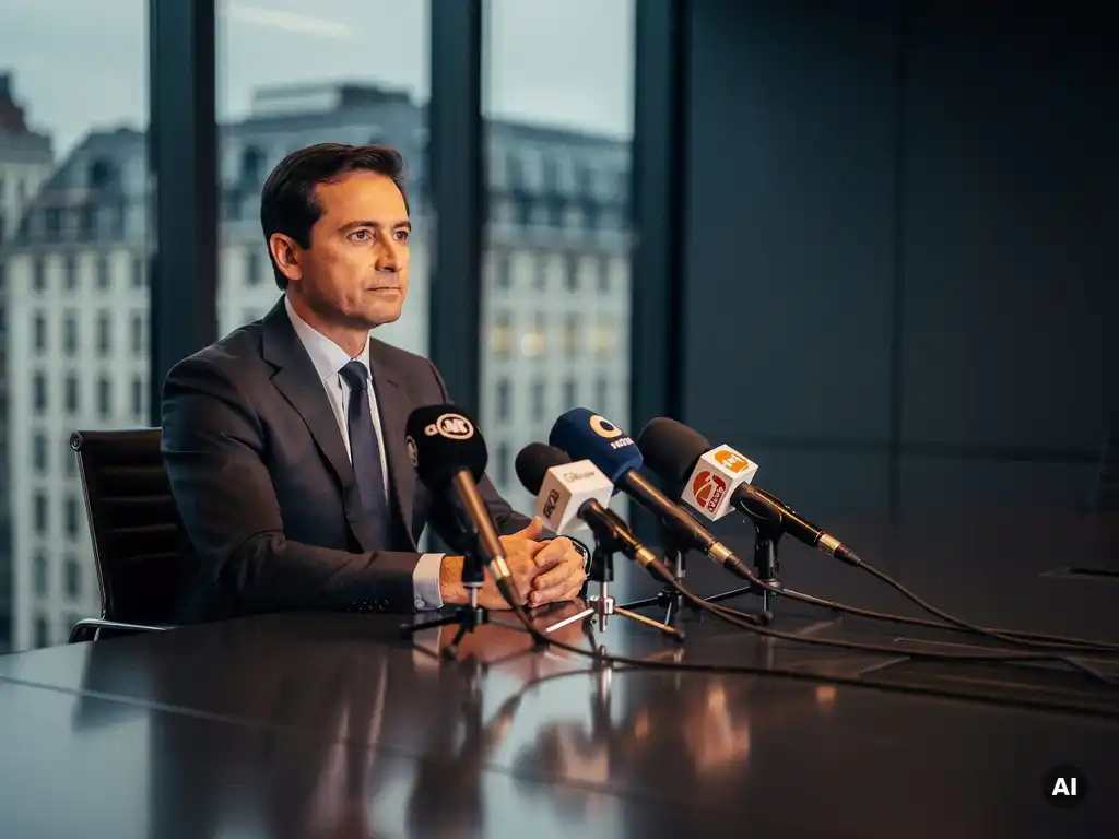 Zelfverzekerde executive in donker pak aan vergadertafel tegenover microfoons en camera's in Brusselse boardroom.