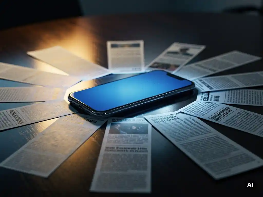 Smartphone op vergadertafel omringd door verspreide persknipsels, symboliseert snelle nieuwsverspreiding in donkerblauwe en zilveren tinten.