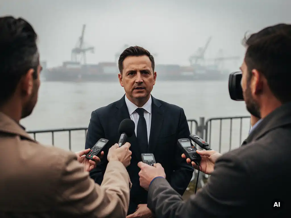 Woordvoerder in donker pak spreekt journalisten toe bij buiten persconferentie, mistige industriële rivieroever op achtergrond.